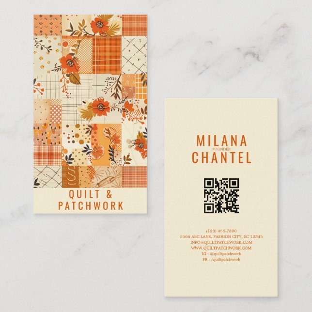 Cartão De Visita Roupa Feita à Mão em Patchwork de Colcha Laranja  (Frente/Verso)