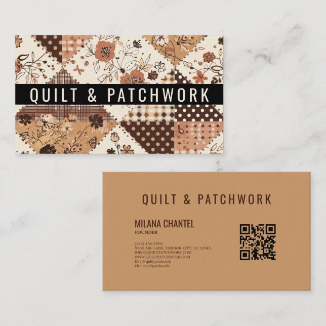 Cartão De Visita Roupa Feita à Mão em Patchwork de Colcha Marrom  (Frente/Verso)