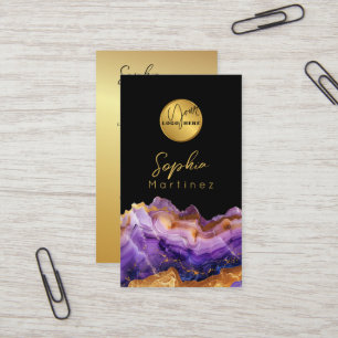 Cartão de visita roxo Ágata dourado mármore & Logo