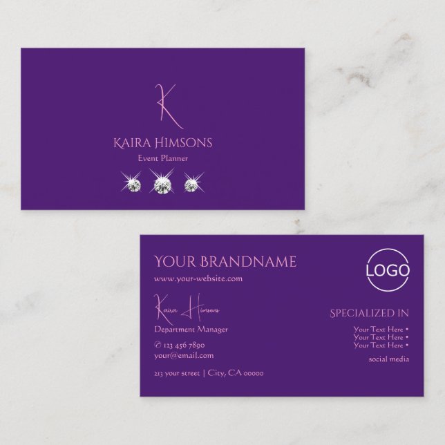 Cartão De Visita Roxo comum com logotipo monograma e joias (Frente/Verso)
