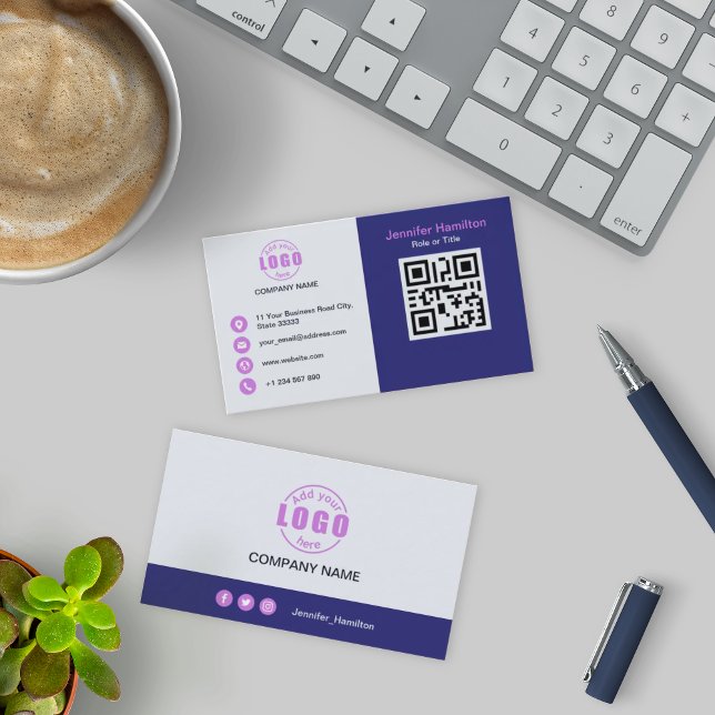 Cartão De Visita Roxo profissional adicione o seu código QR de logo (Criador carregado)