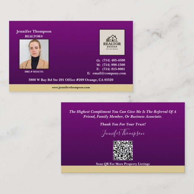 Cartão de visita Roxo Real com Destaque Dourado (Frente/Verso)