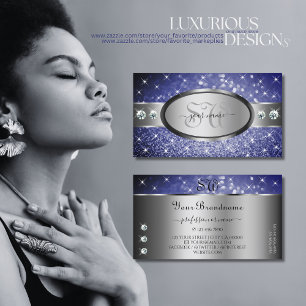 Cartão De Visita Royal Blue Glitter Sparkle Stars Monograma de Ouro