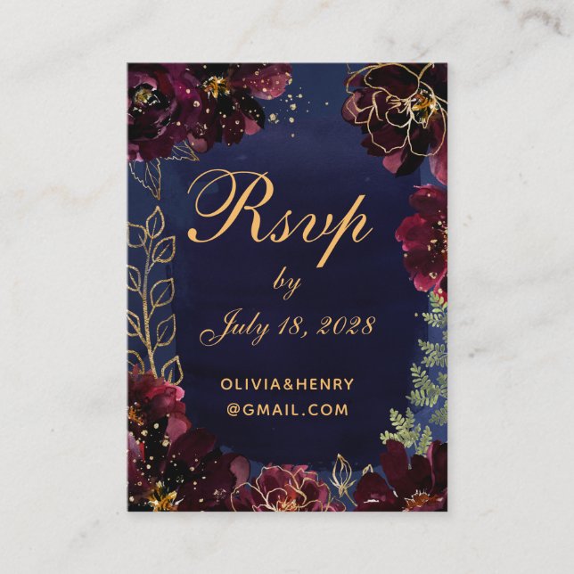 Cartão De Visita RSVP Online Bordeaux de marinho com placa de detal (Frente)