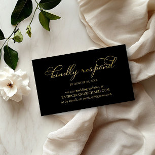 Cartão De Visita RSVP Online de Casamento de Script Black Gold Foil