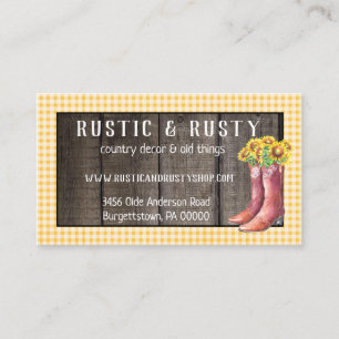 Cartão De Visita Rustic Barnwood & Gingham Sunflower Country