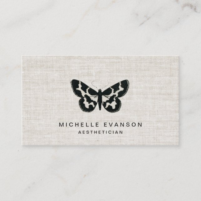 Cartão De Visita Rustic Black Butterfly Logo on Elegant Linen (Frente)