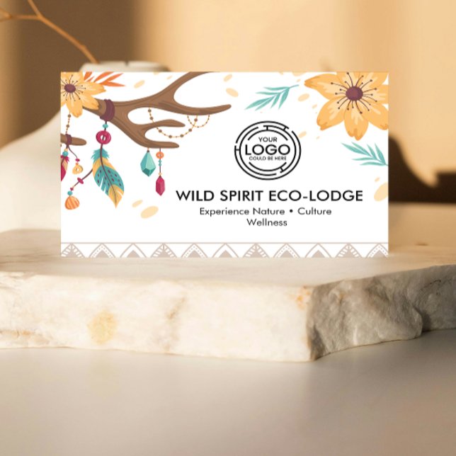 Cartão De Visita Rustic Boho Antlers, Feenas Miçangas Tribais Flora (featuring rustic boho artwork with antlers, feathers, beads, and floral accents. warm earth colors)