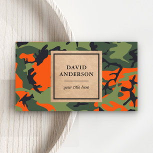 Cartão De Visita Rustic Kraft Woodland Padrão de Camuflagem Laranja