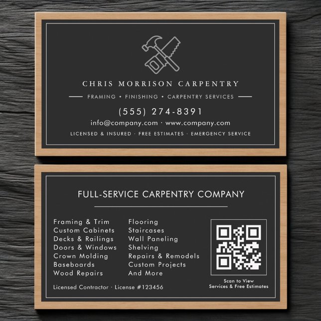 Cartão De Visita Rustic QR Code Carpenter Carpentry Services   (Criador carregado)