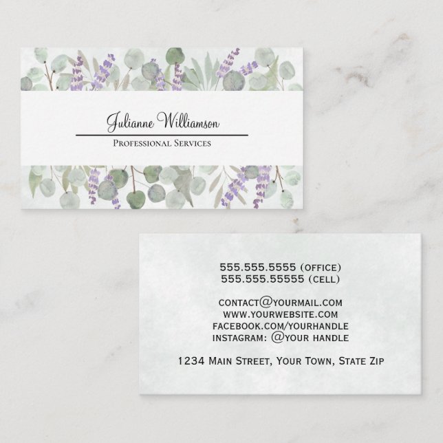 Cartão De Visita Rustic Watercolor Eucalyptus e Lavanda Bonito (Frente/Verso)
