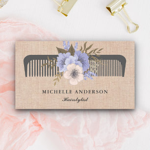 Cartão De Visita Rústico Burlap Roxo Comb Floral Hairstylist