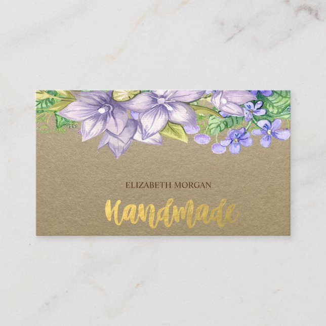 Cartão De Visita Rústico, Kraft, Flores em Aquarela (Frente)