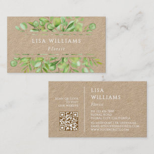 Cartão De Visita Rustico Verde Folhagem Aquarela Código QR
