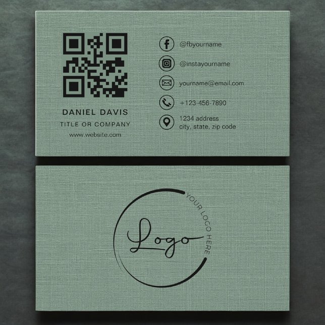 Cartão De Visita Sage Green Linen Company Logo QR Code  (Criador carregado)