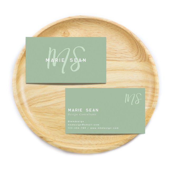 Cartão De Visita Sage Green Minimalista Simples Dois Monogramas (Criador carregado)