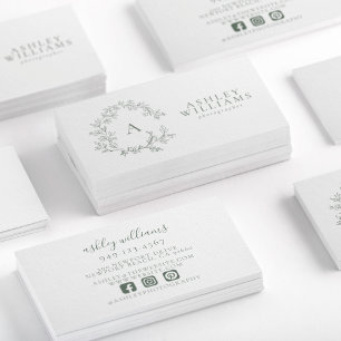 Cartão De Visita Sage Green Monograma Floral Crest Professional