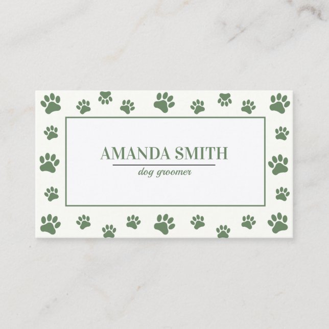 Cartão De Visita Sage Green Paw Prints Dog Groomer Business Card (Frente)