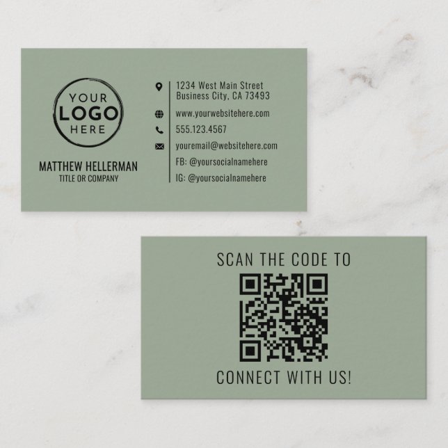 Cartão De Visita Sage Green Professional Minimalist QR Code Logo (Frente/Verso)