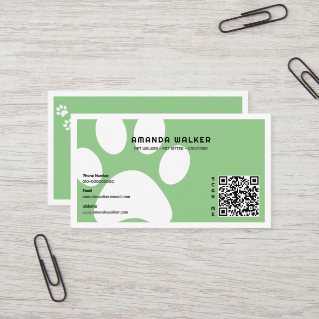 Cartão De Visita Sage Pawprint QR Code Pet Sitter Services (Frente/Verso In Situ)