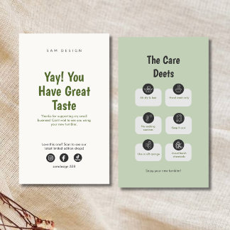 Cartão De Visita Sage Social Media Tumbler Care Instructions Card