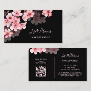 Cartão De Visita Sakura em Aquarela Rosa Fundo Preto