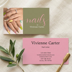 Cartão De Visita Salão de Arte de Unhas com Foto de Rótulo Rosa Ver