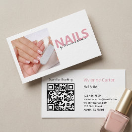 Cartão De Visita Salão de Artista de Unhas Foto Script Rosa Bege