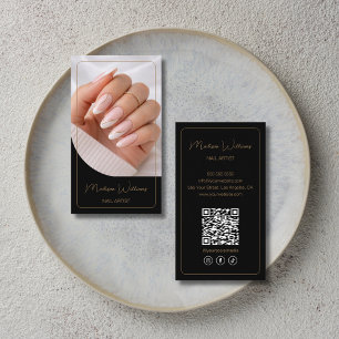 Cartão De Visita Salão de Artista de Unhas Manicure QR Preto Dourad