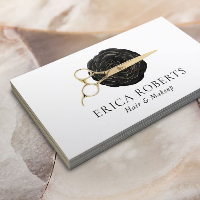 Cartão De Visita Salão de Bela Rosa Preta Dourada Tesoura Hair Styl (Criador carregado)