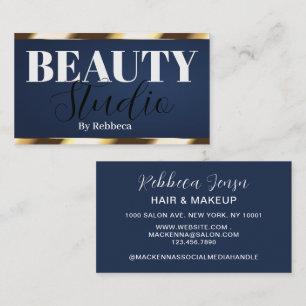 Cartão De Visita Salão de Beleza Azul Moderno Elegante Dourado