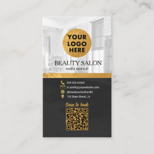 Cartão De Visita Salão de Beleza Black Gold código QR de agendament