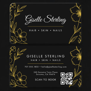 Cartão De Visita Salão de Beleza Código QR Floral Botânico Black Go