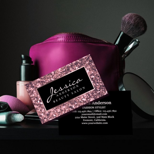 Cartão De Visita Salão de Beleza da Glitter Dourada rosa (Rose Gold Glitter Beauty Salon Business Card #zazzlemade #luxuryrosegold #beautybusinesscard #chick)