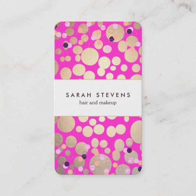 Cartão De Visita Salão de beleza de Confetti, rosa Dourado e quente (Frente)