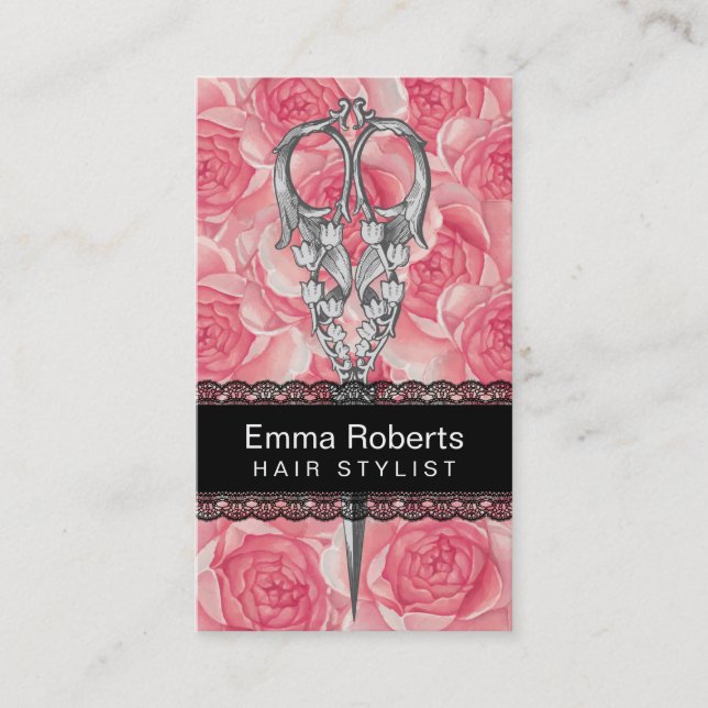 Cartão De Visita Salão de beleza floral atado preto do cabeleireiro (Frente)