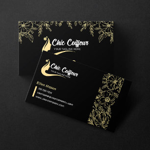 Cartão De Visita Salão de Beleza Floral Preto Chic Ouro