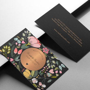 Cartão De Visita Salão de beleza floral preto e pastel, cor-de-ros