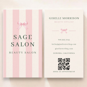 Cartão De Visita Salão de Beleza Laço Listrado Rosa Verde Código QR