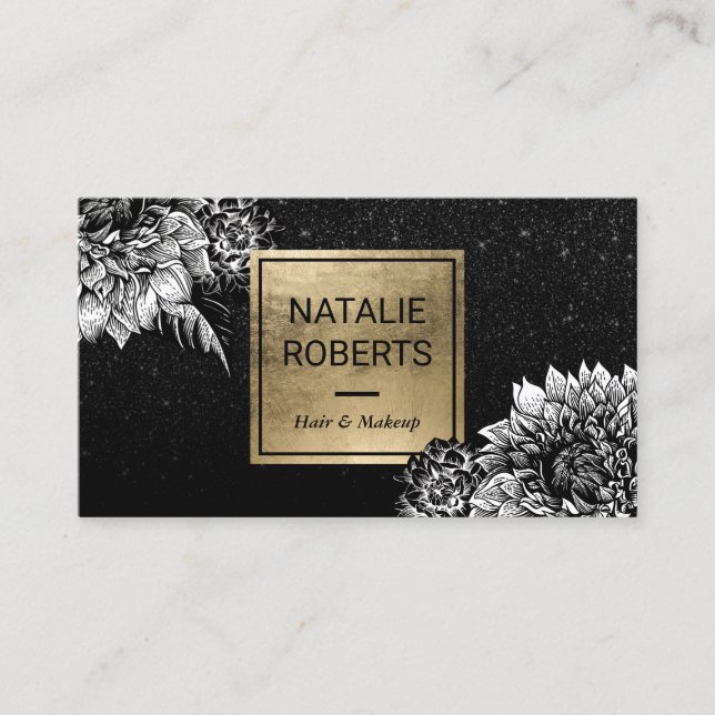 Cartão De Visita Salão de beleza preto floral moderno do brilho (Frente)