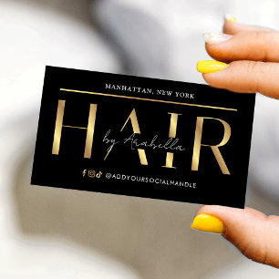 Cartão De Visita Salão de Cabeleireiro Chic Preto e Dourado Glam Mo