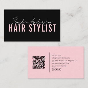 Cartão De Visita Salão de Cabeleireiro Código QR Preto e Rosa