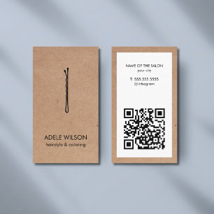 Cartão De Visita Salão de Cabelo com Código QR Branco Kraft Faux Mo