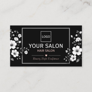 Cartão De Visita Salão de Cabelo Floral Preto e Branco Elegante