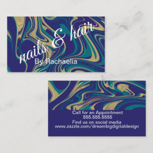 Cartão De Visita Salão de Cabelo Líquido Mármore Falso Dourado Azul