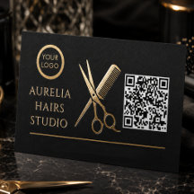Salão de Cabelo Preto e Dourado Moderno Código QR