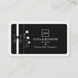 Cartão De Visita Salão de Cabelos Floral Preto Minimalista