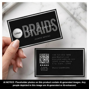 Cartão De Visita Salão de Tranças Preto e Branco Código QR Logo Tra