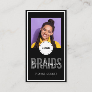 Cartão De Visita Salão de Tranças Verticais Preto Logo QR Foto Únic