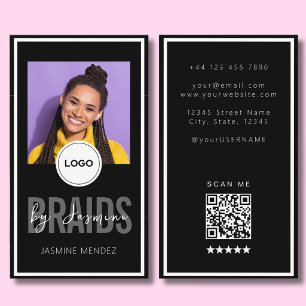 Cartão De Visita Salão de Tranças Verticais Preto Logo QR Foto Únic